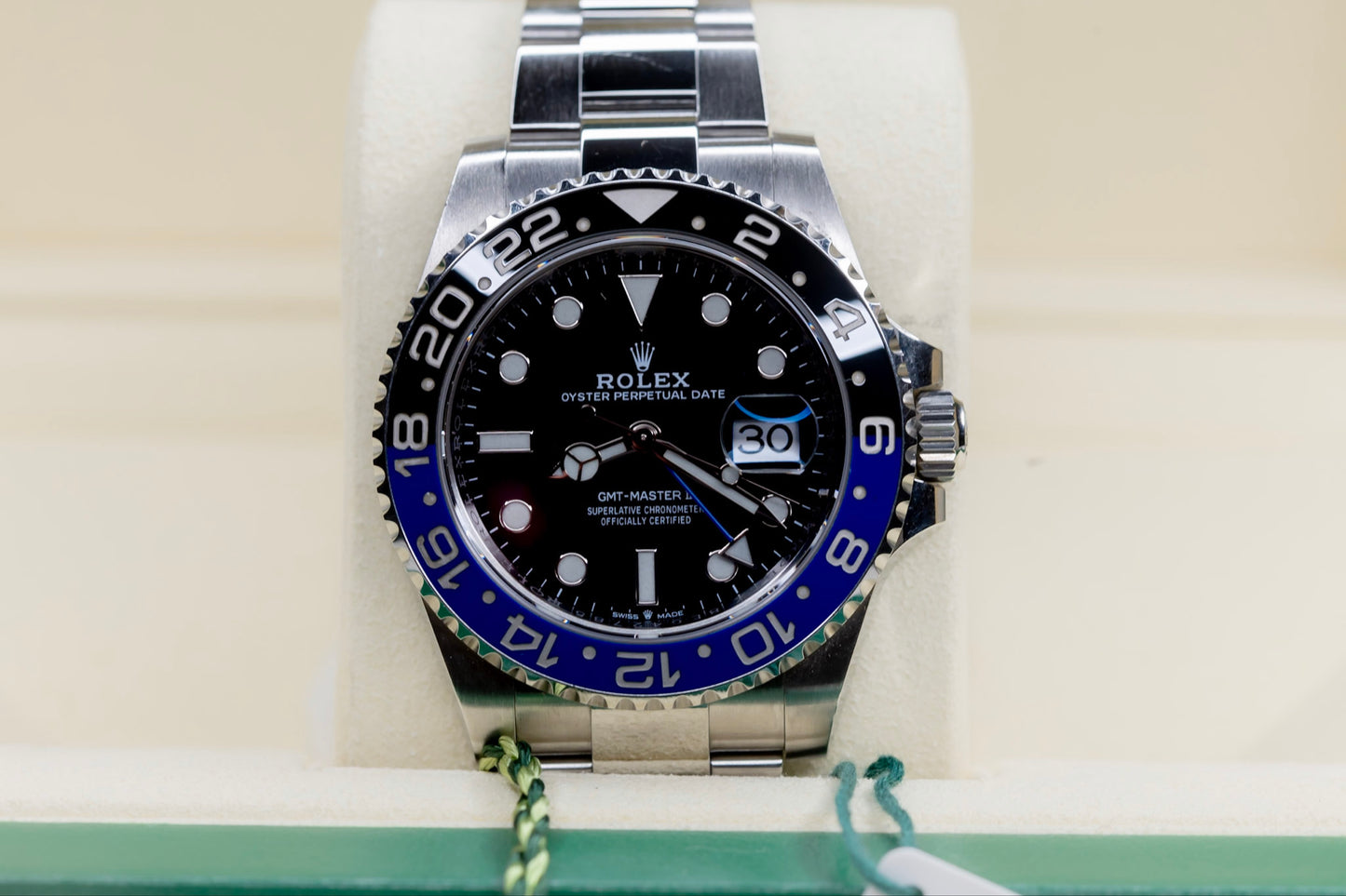 2021 Rolex GMT-Master II Batman on display with blue and black bezel, showcasing its luxury design and craftsmanship.