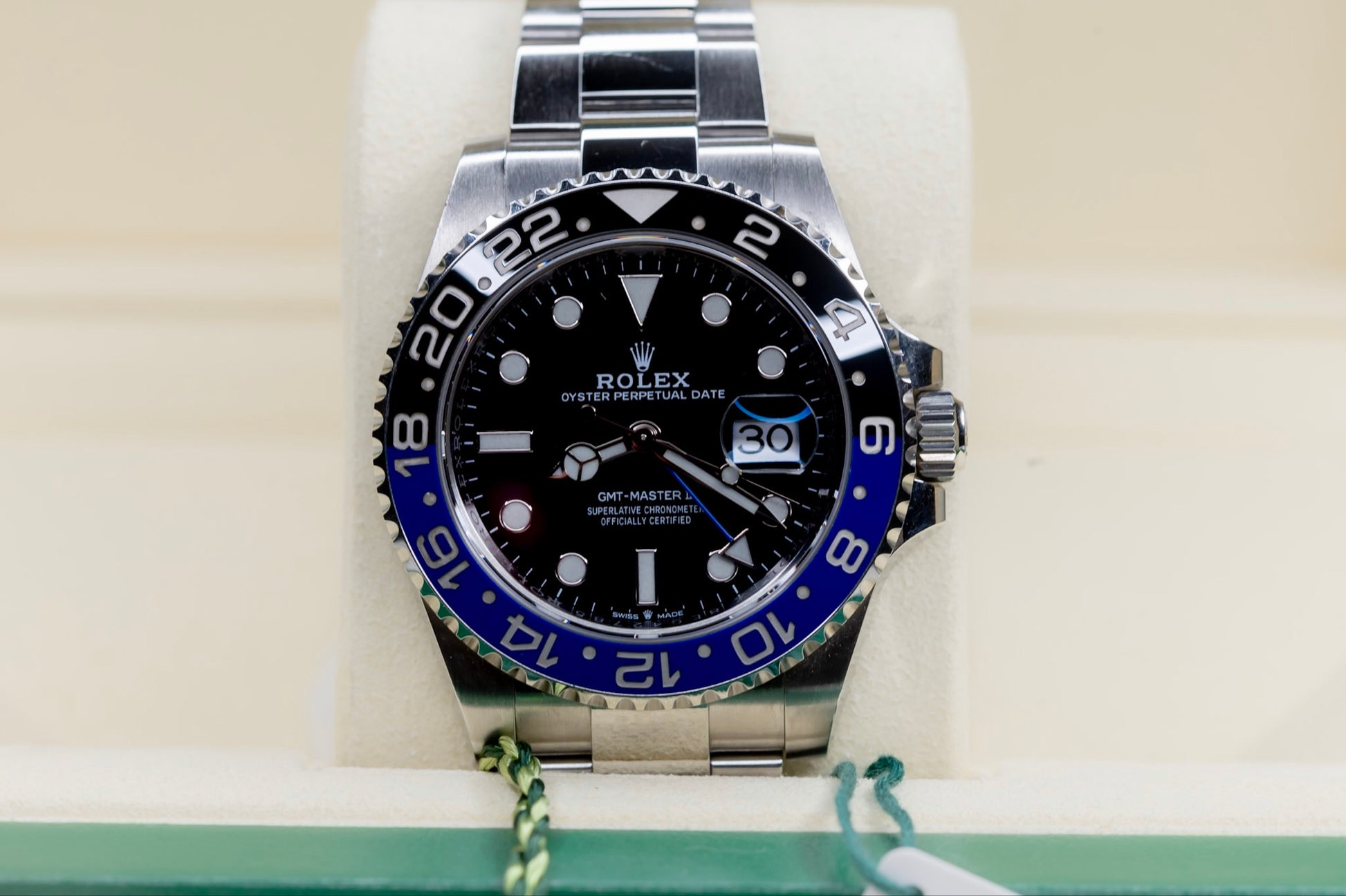 2021 Rolex GMT-Master II Batman on display with blue and black bezel, showcasing its luxury design and craftsmanship.