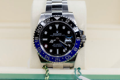 2021 Rolex GMT-Master II Batman on display with blue and black bezel, showcasing its luxury design and craftsmanship.