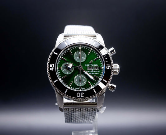 2025 BNIB - Breitling SuperOcean Chronograph Green 44mm- Breitling A13313 wristwatch on display with green dial.