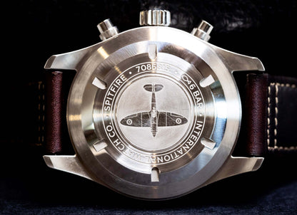 2022 IWC Pilot’s Watch Chronograph Spitfire 41mm  Ref. IW387903 | Full Set back case view with Spitfire engraving.
