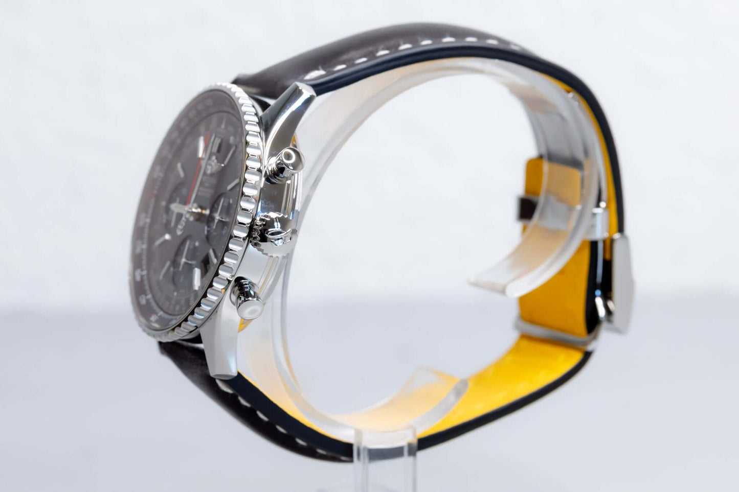 Breitling Navitimer 01 Stratus Gray limited edition side view showcasing its sleek design and unique strap.