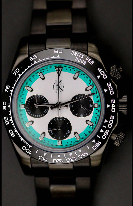 The Voyager Chronograph watch with teal accents and multiple sub-dials for precise time tracking and stylish adventures.