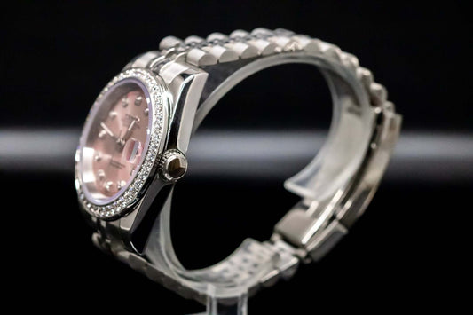 Pink Diamond Bezel DateJust Seikomod watch showcasing a soft pink dial and diamond embellishments, ideal for luxury seekers.