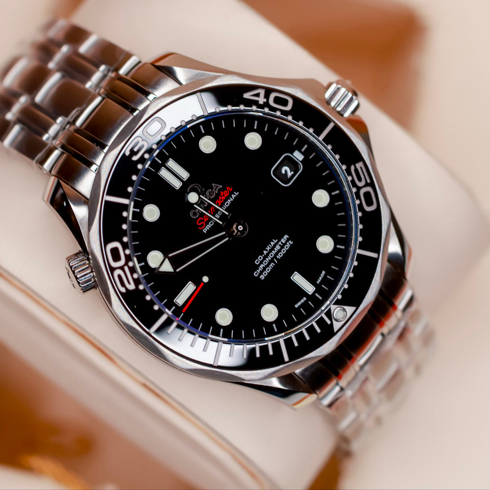 Omega Seamaster Diver original box papers on display, showcasing its classic design and craftsmanship.
