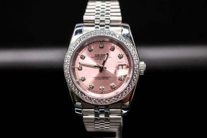 Pink Diamond Bezel Seiko Mod Watch with 40mm Case and Shimmering Pink Dial