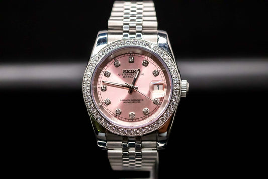Pink Diamond Bezel Seiko Mod Watch with 40mm Case and Shimmering Pink Dial