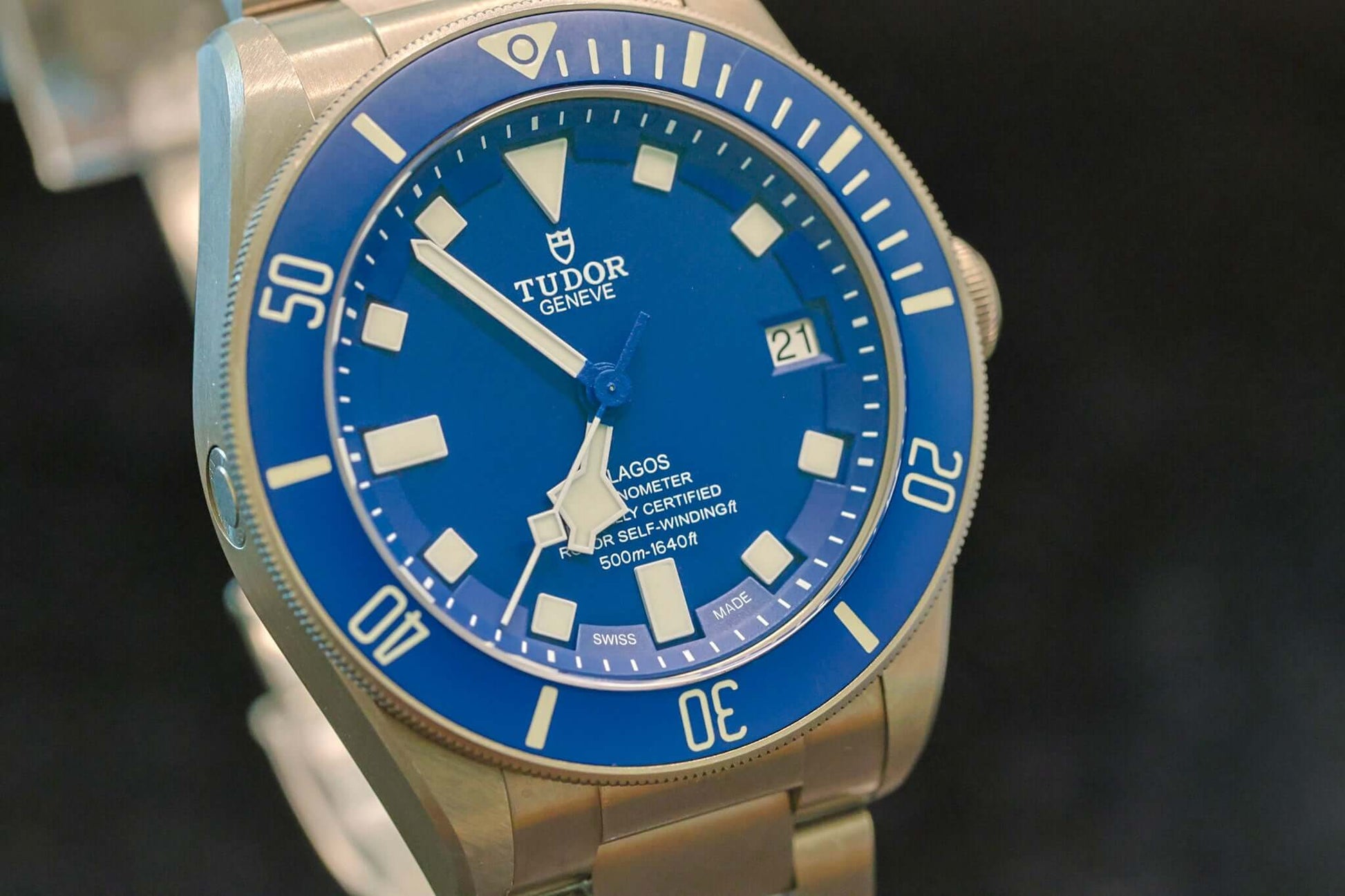 TUDOR Pelagos Titanium Diver watch - 42mm Blue Dial Diver – Full Set close-up showing the blue dial and titanium case.