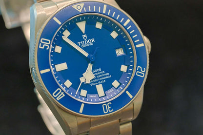TUDOR Pelagos Titanium Diver watch - 42mm Blue Dial Diver – Full Set close-up showing the blue dial and titanium case.