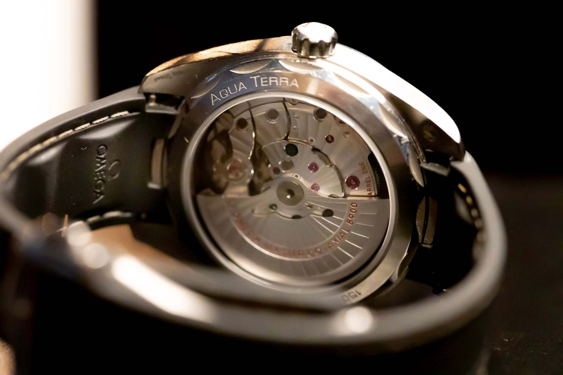 2022 Omega Seamaster Aqua Terra watch rear view showcasing the intricate movement and design details.