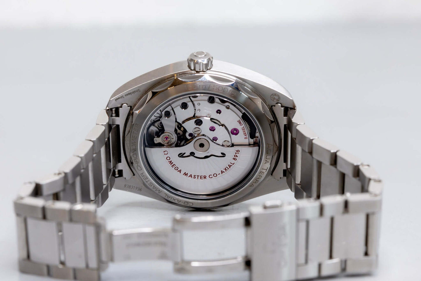 Omega Aqua Terra Small Seconds watch stainless steel case and movement view from the back