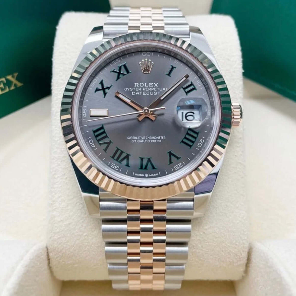 Rolex Datejust 41 Wimbledon 126331 Two Tone Everose Pink Gold watch with slate grey dial and green Roman numerals.
