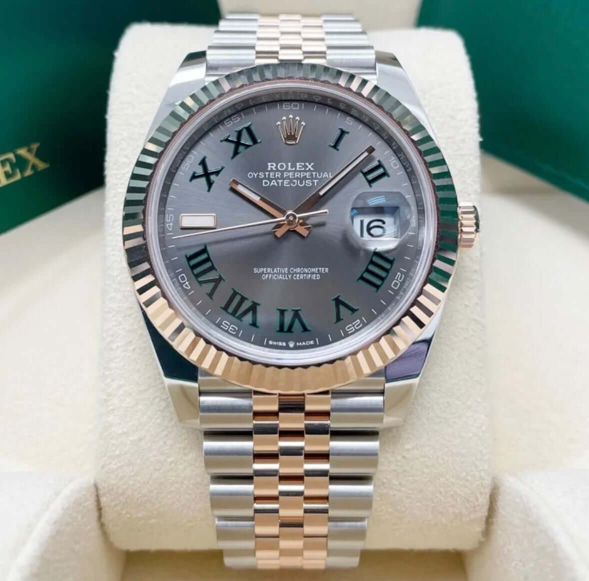 Rolex Datejust 41 Wimbledon 126331 Two Tone Everose Pink Gold watch with slate grey dial and green Roman numerals.