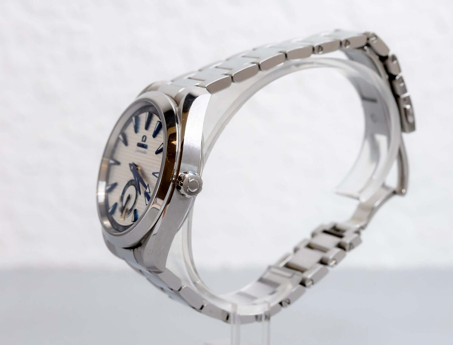 Omega Aqua Terra Small Seconds watch stainless steel side view with silver teak-pattern dial