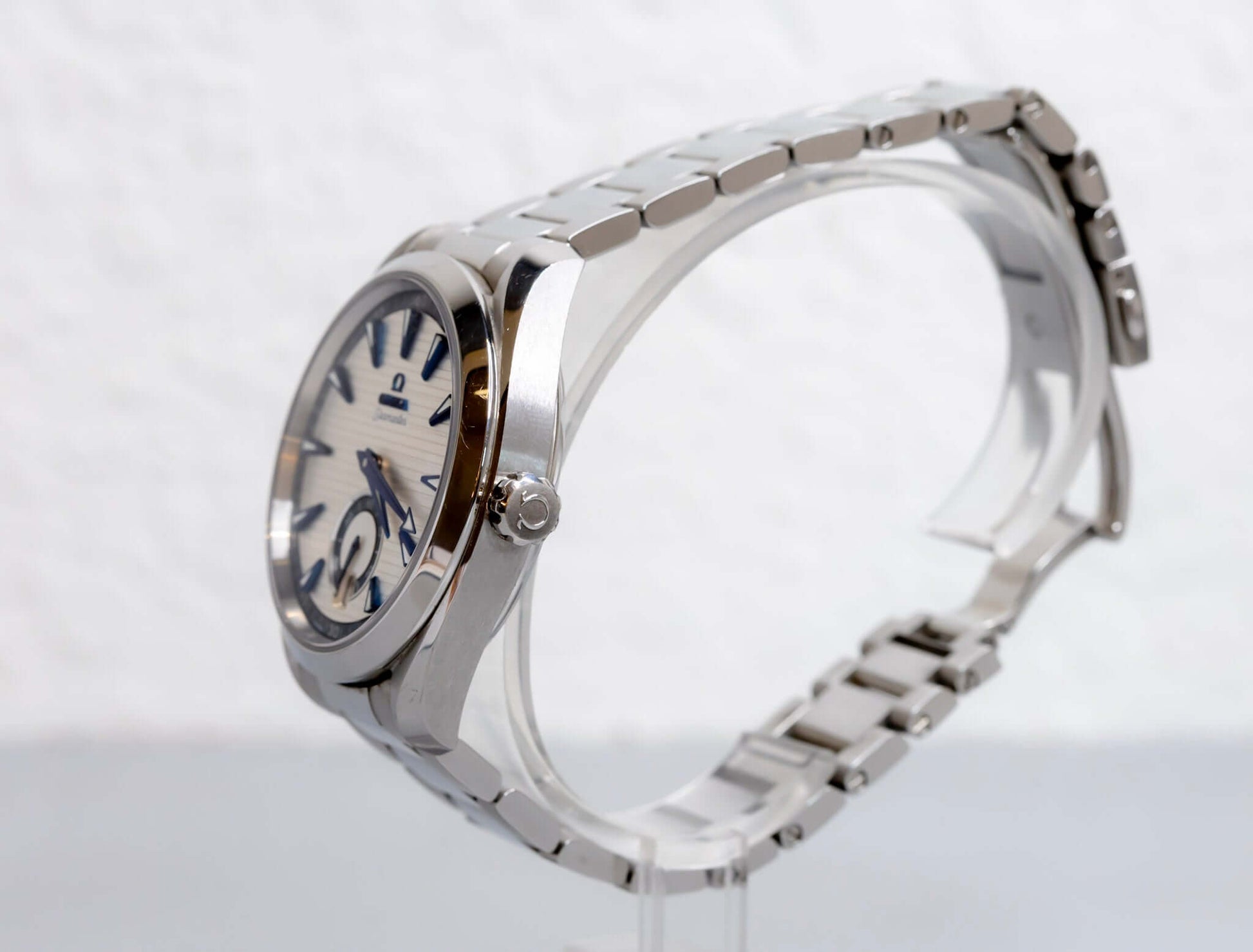 Omega Aqua Terra Small Seconds watch stainless steel side view with silver teak-pattern dial