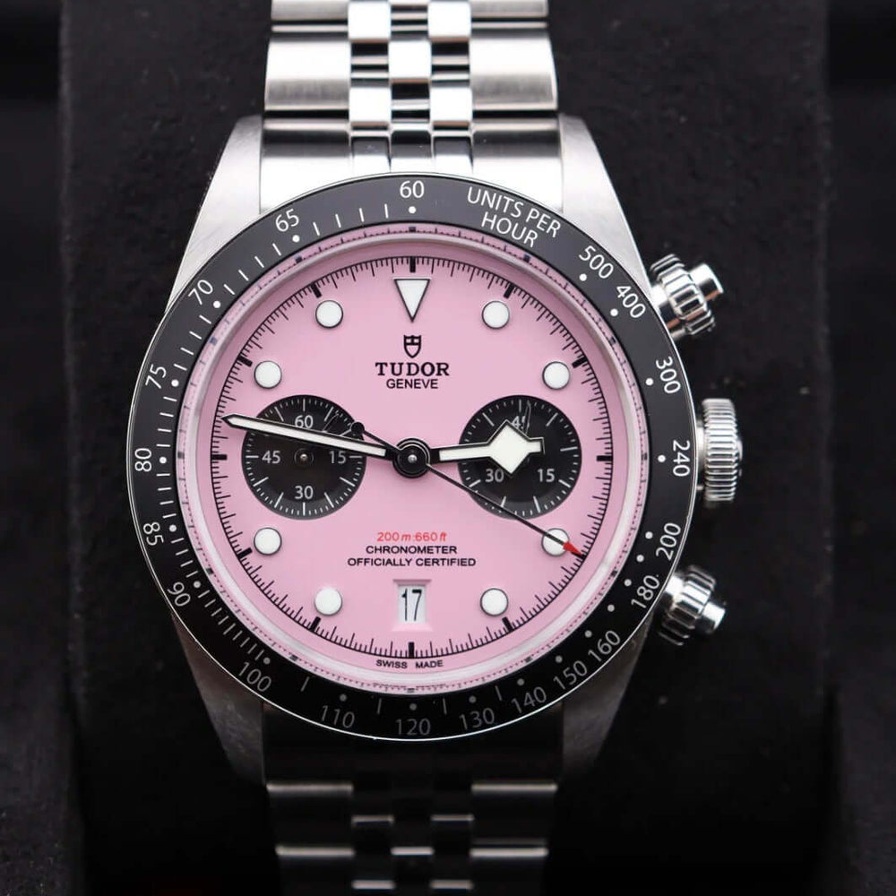 Tudor Black Bay Chrono Pink 79360N 2025 Brand New in Box Full Set with pink dial and steel bracelet.