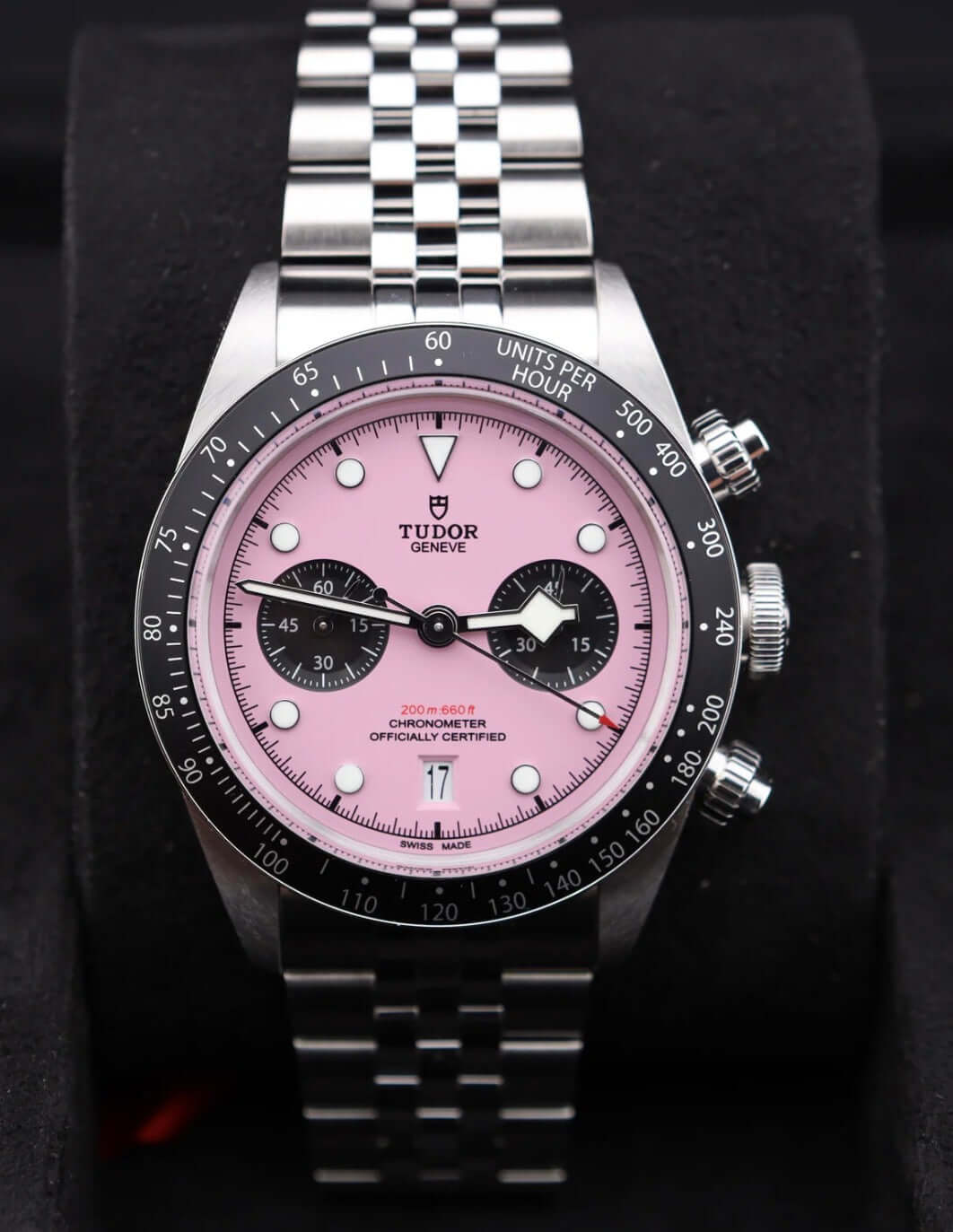 Tudor Black Bay Chrono Pink 79360N 2025 Brand New in Box Full Set with pink dial and steel bracelet.