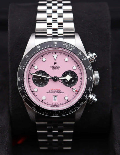 Tudor Black Bay Chrono Pink 79360N 2025 Brand New in Box Full Set with pink dial and steel bracelet.
