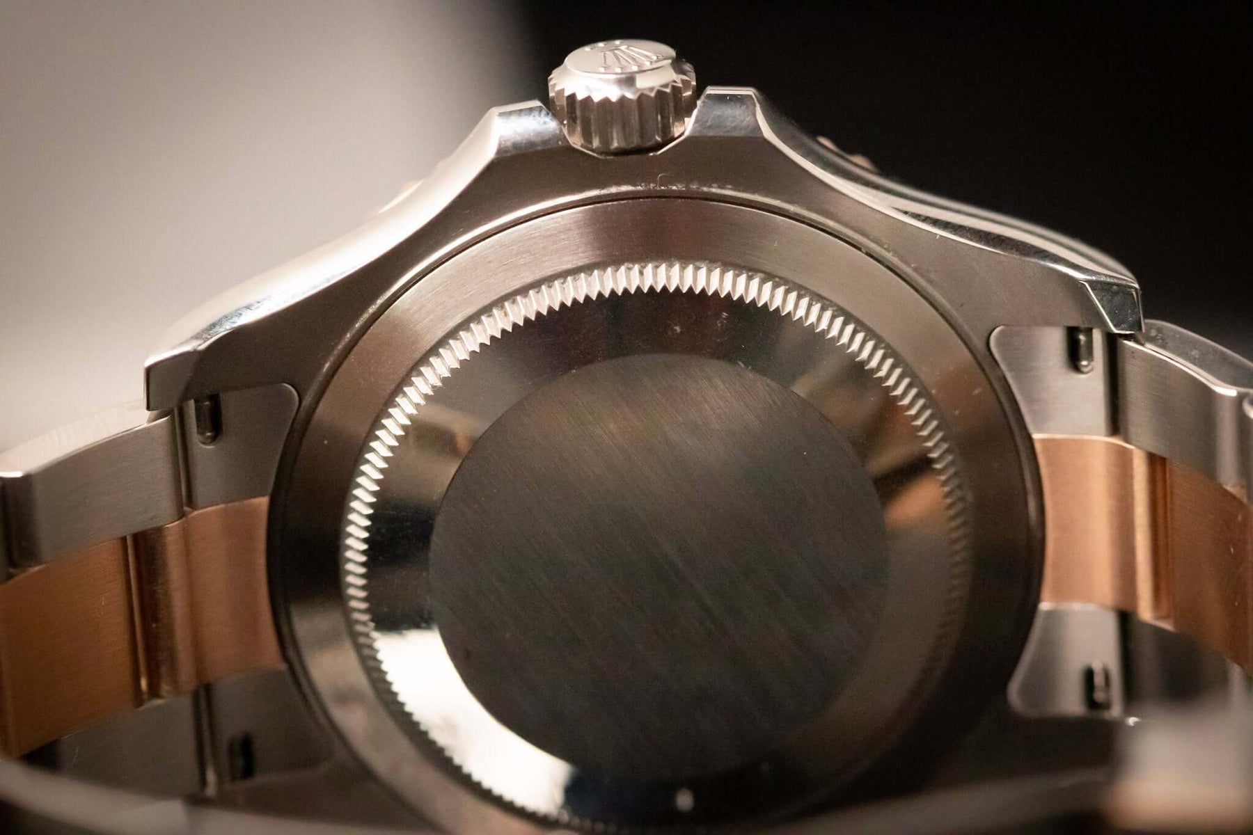 2023 Rolex Yacht-Master 40 watch showing the case back detail in Oystersteel and Everose gold design.