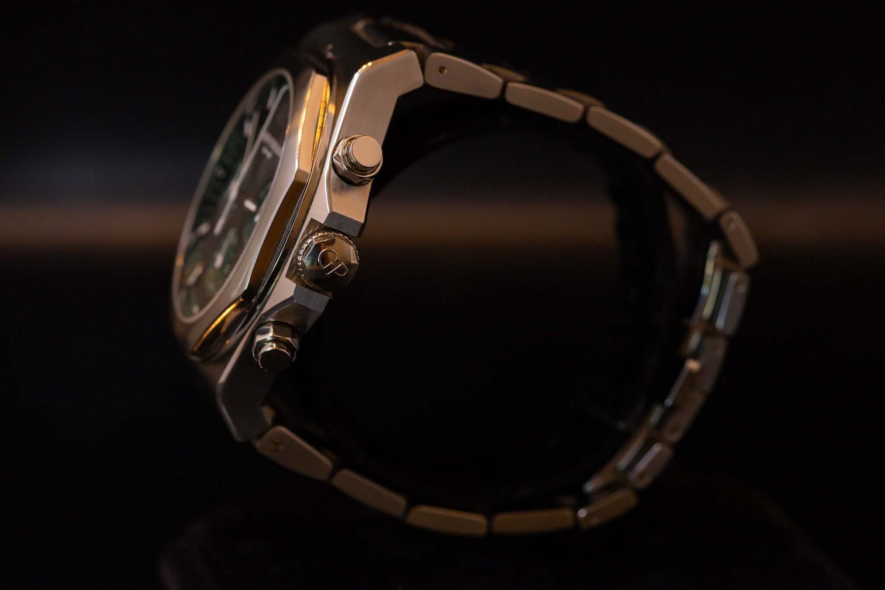 Girard Perregaux Laureato Chronograph 42mm Limited Edition showcasing stainless steel case and black leather strap.