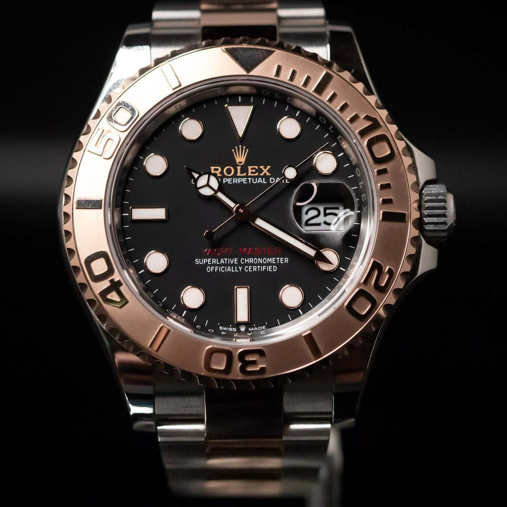 2023 Rolex Yacht-Master 40 watch in Everose gold and Oystersteel with black dial and automatic movement.