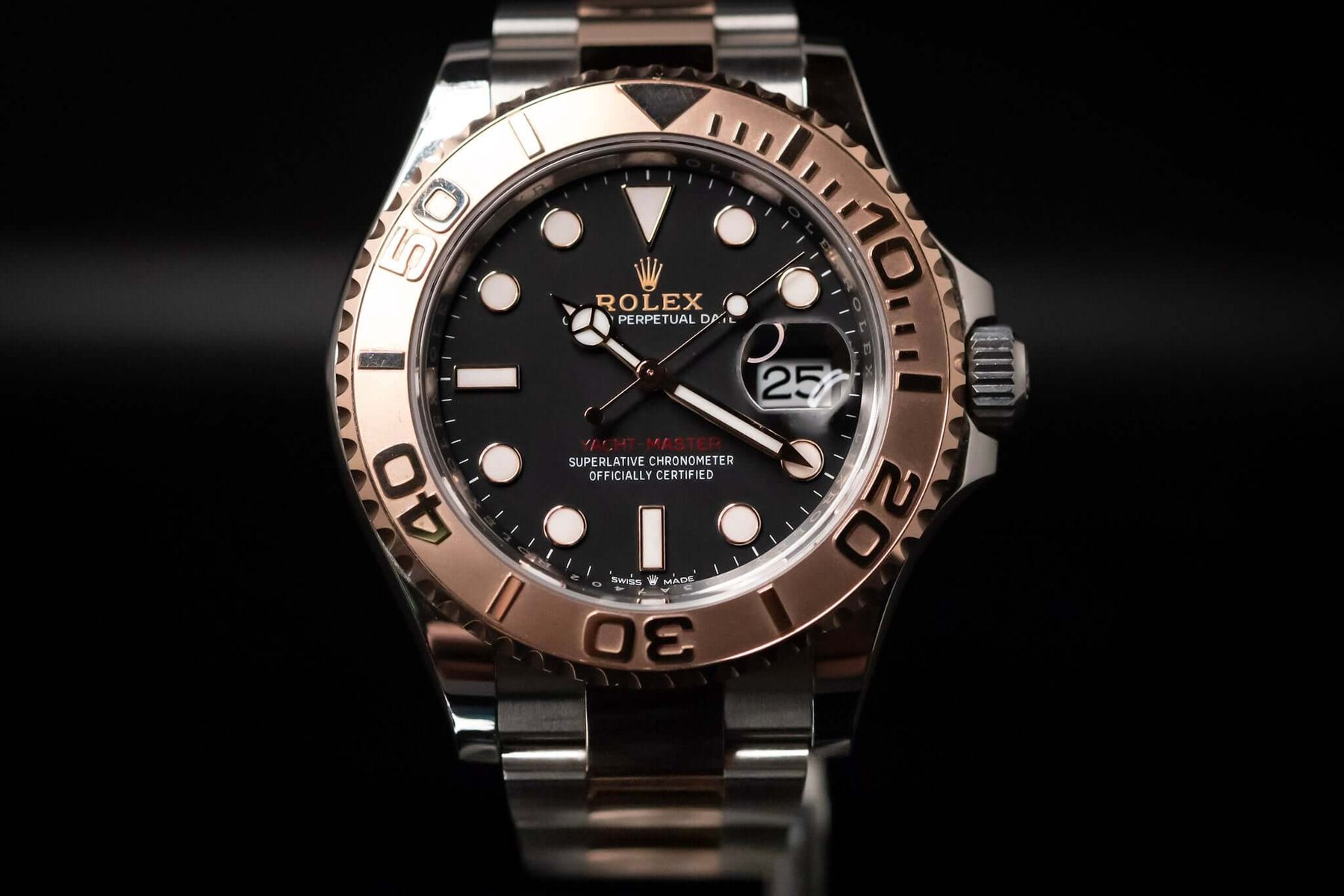 2023 Rolex Yacht-Master 40 watch in Everose gold and Oystersteel with black dial and automatic movement.