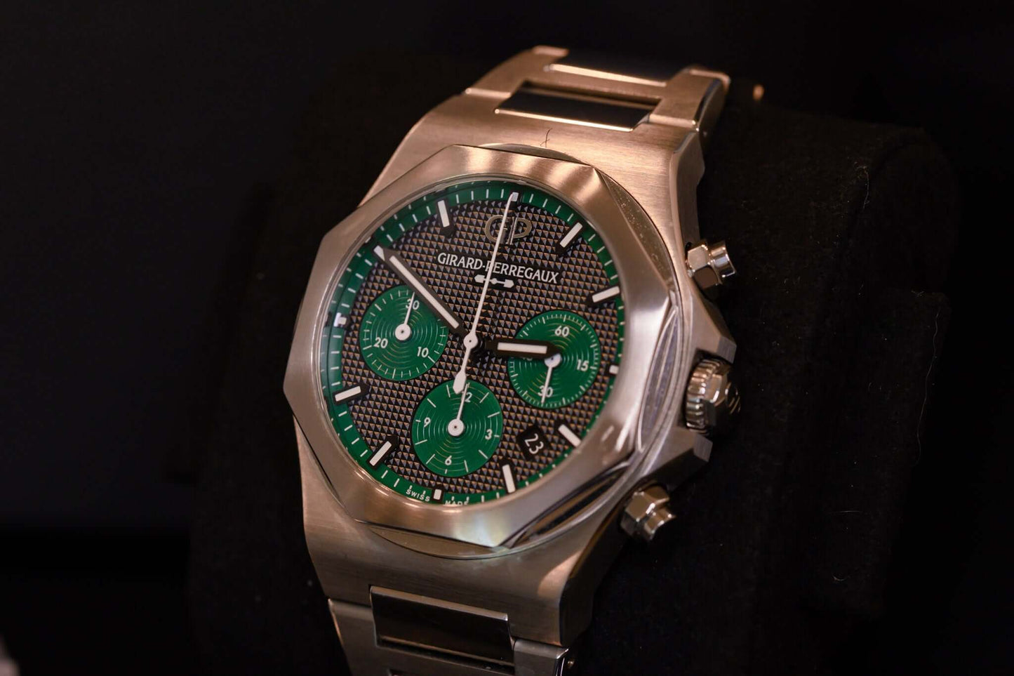 Girard Perregaux Laureato Chronograph 42mm Limited Edition with green subdials and black waffle dial.