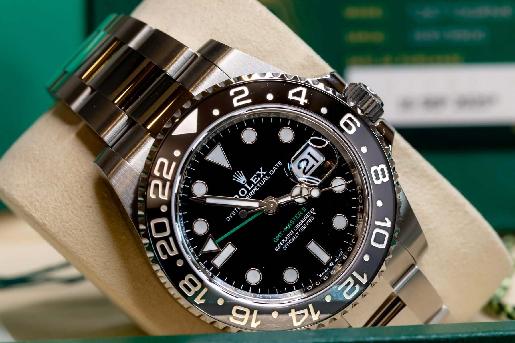 2025 Rolex GMT-Master II Bruce Wayne 126710GRNR-0004 with black and gray Cerachrom bezel and Jubilee bracelet.