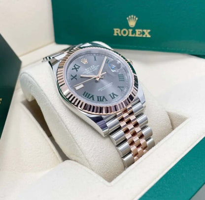Rolex Datejust 41 Wimbledon 126331 Two Tone Everose Pink Gold watch displayed in a luxury box with green Rolex branding.