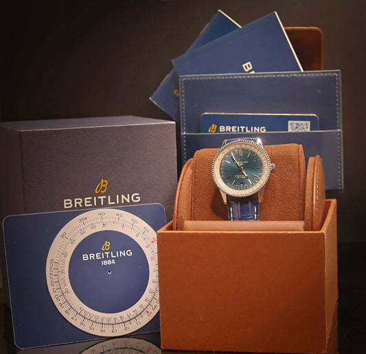 Breitling Navitimer Automatic 41 Blue Dial Ref. A17325211C1P1 – Swiss Luxury Pilot’s Watch in stylish packaging.