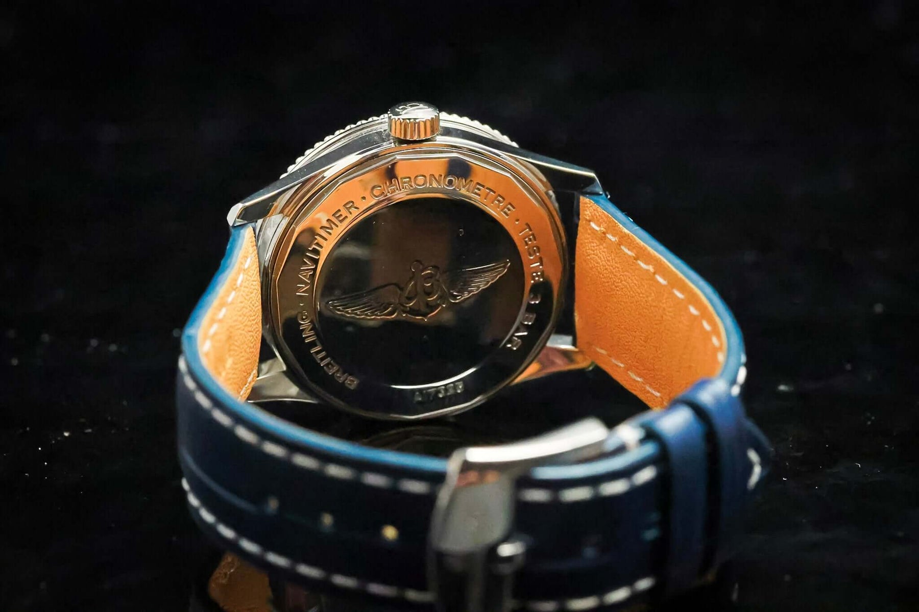 Breitling Navitimer Automatic 41 Blue Dial Ref. A17325211C1P1 – Swiss Luxury Pilot’s Watch back view with leather strap.