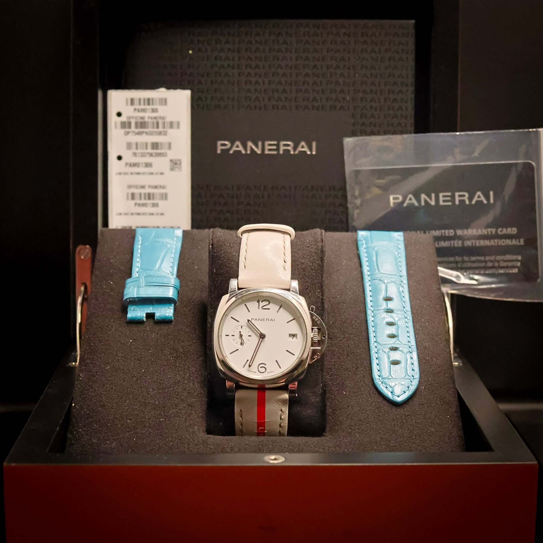 Panerai Luminor Submersible Luna Rossa PAM01306 – 38MM Stainless Steel Men’s Watch – Full Set displayed in box.