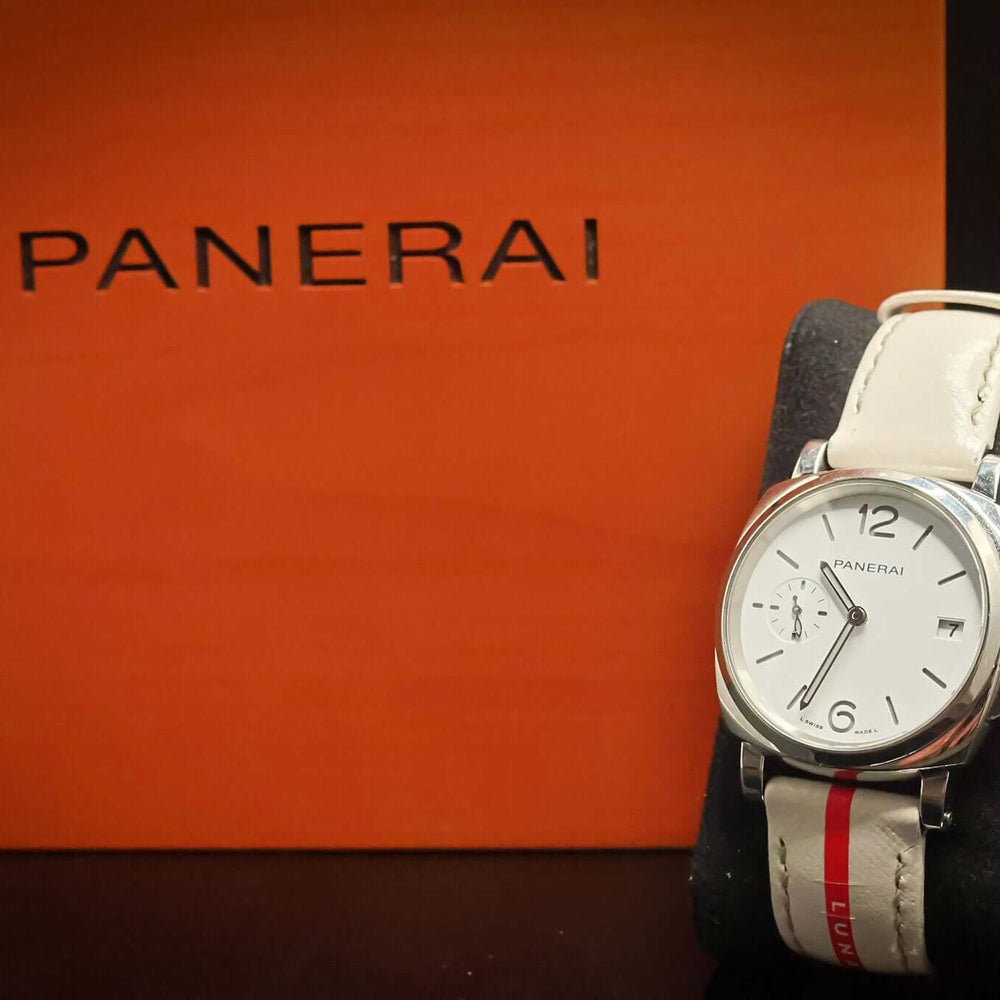 Panerai Luminor Submersible Luna Rossa PAM01306 – 38MM Stainless Steel Men’s Watch – Full Set displayed with box.