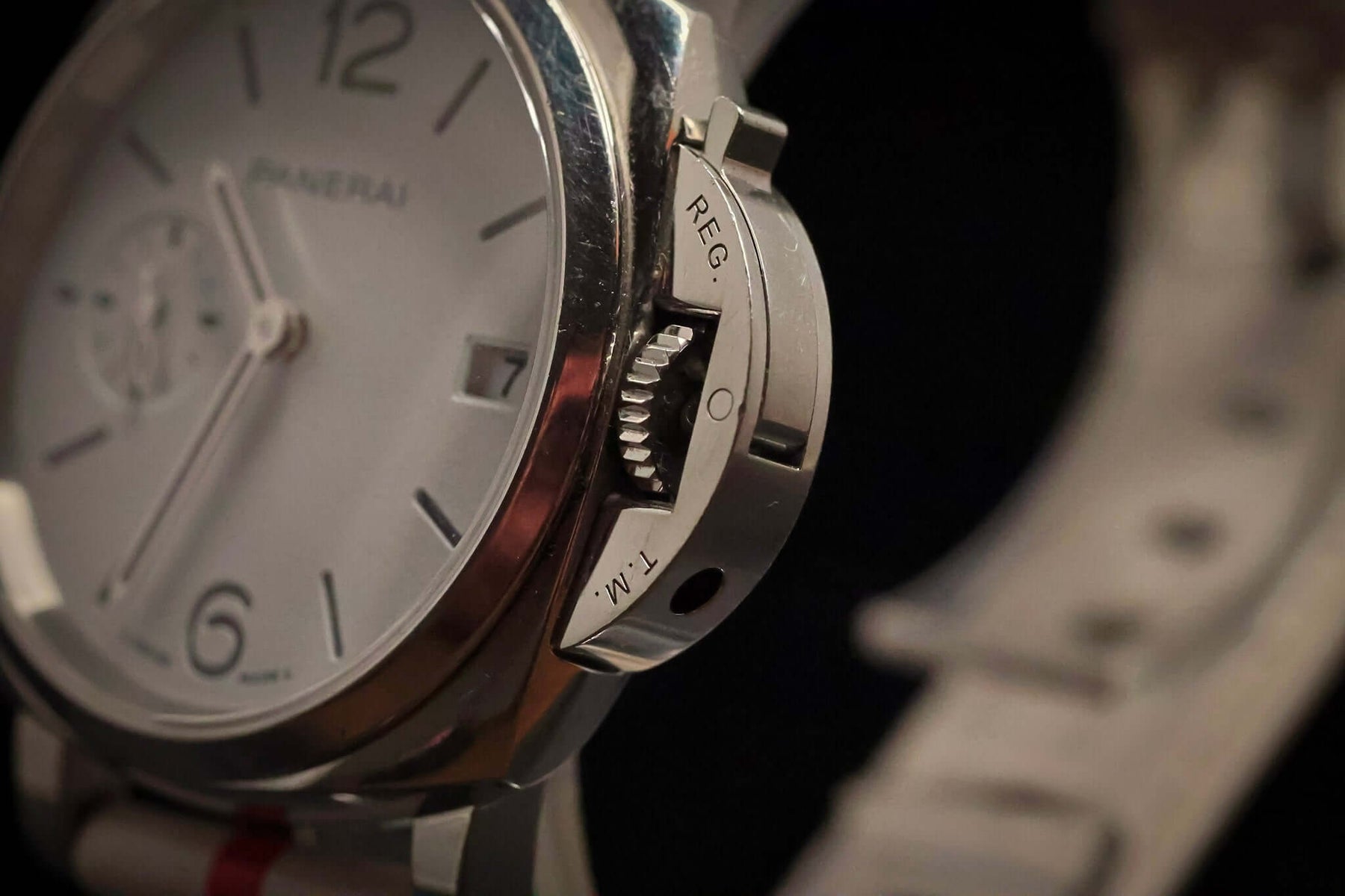 Panerai Luminor Submersible Luna Rossa PAM01306 – 38MM Stainless Steel Men’s Watch – Full Set side view with crown and strap