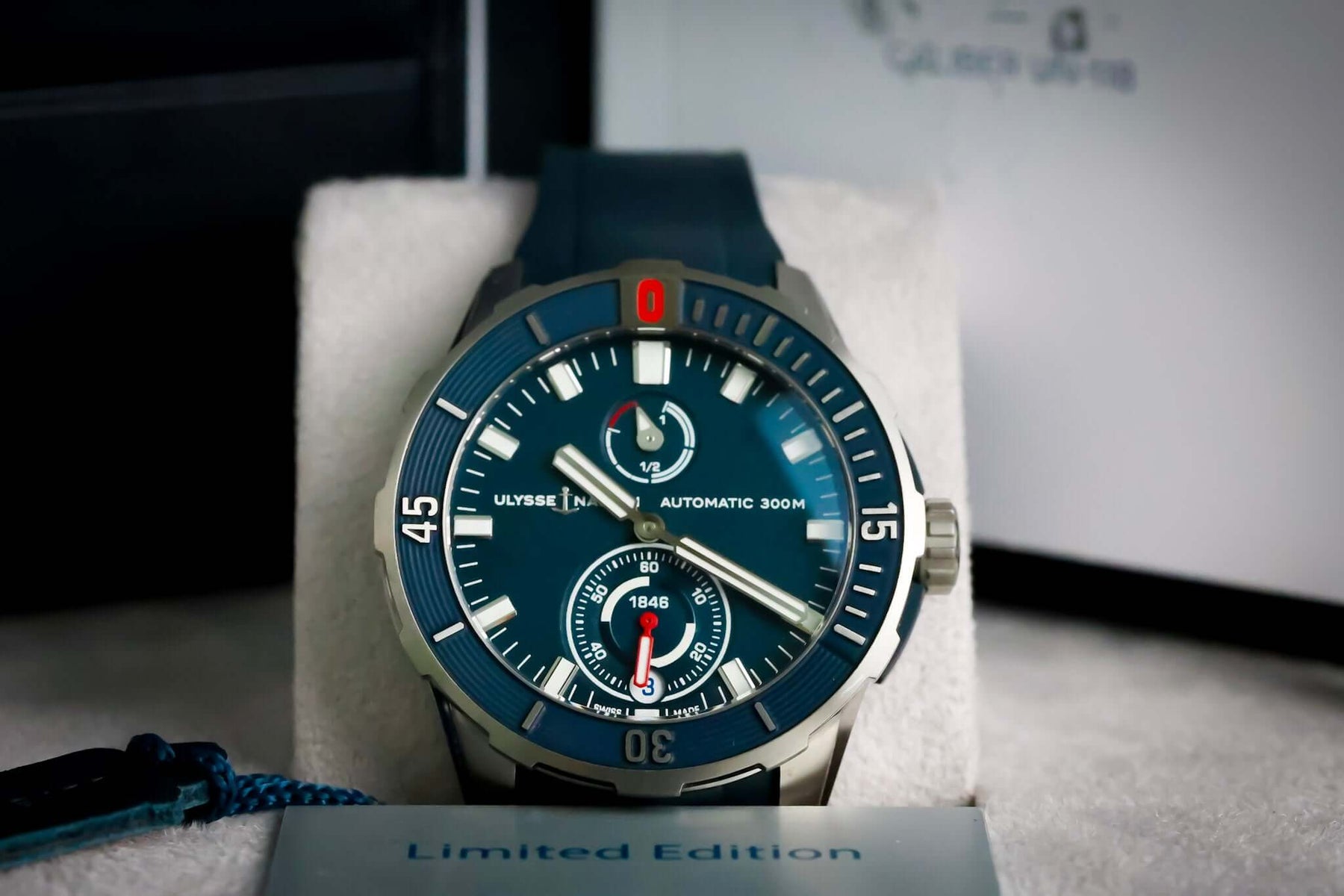 Ulysse Nardin Blue Diver Watch - 1183-170-3/93 showcased in limited edition with blue dial and stainless steel case.