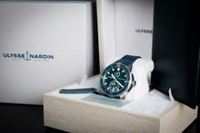 Ulysse Nardin Blue Diver Watch - 1183-170-3/93 displayed in its box with blue dial and strap.