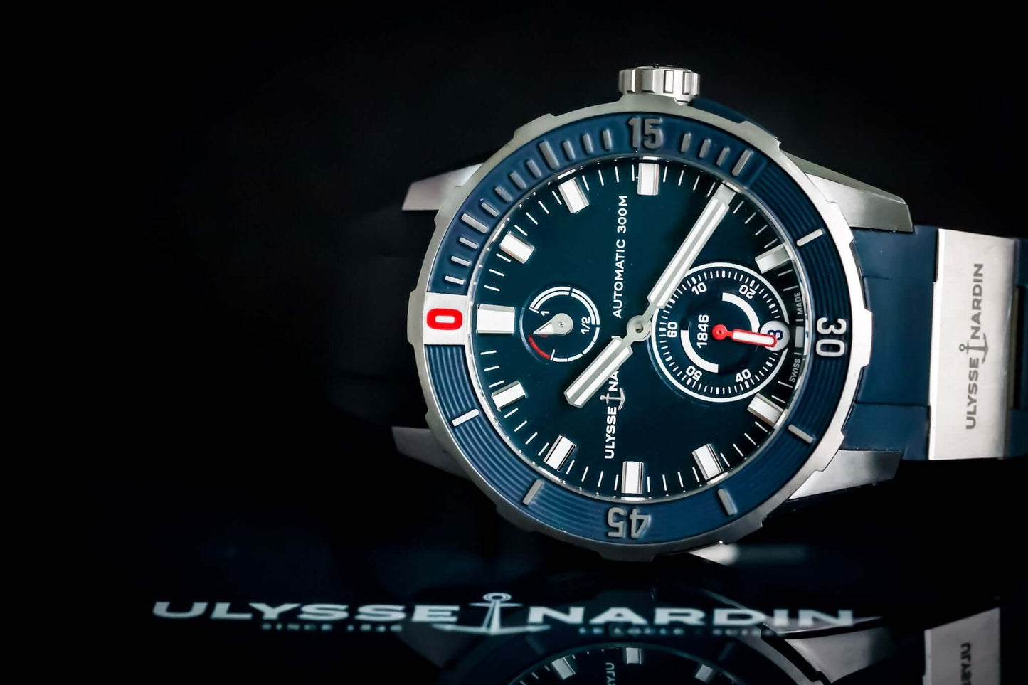 Ulysse Nardin Blue Diver Watch - 1183-170-3/93 showcasing a blue dial and stainless steel case, automatic movement.