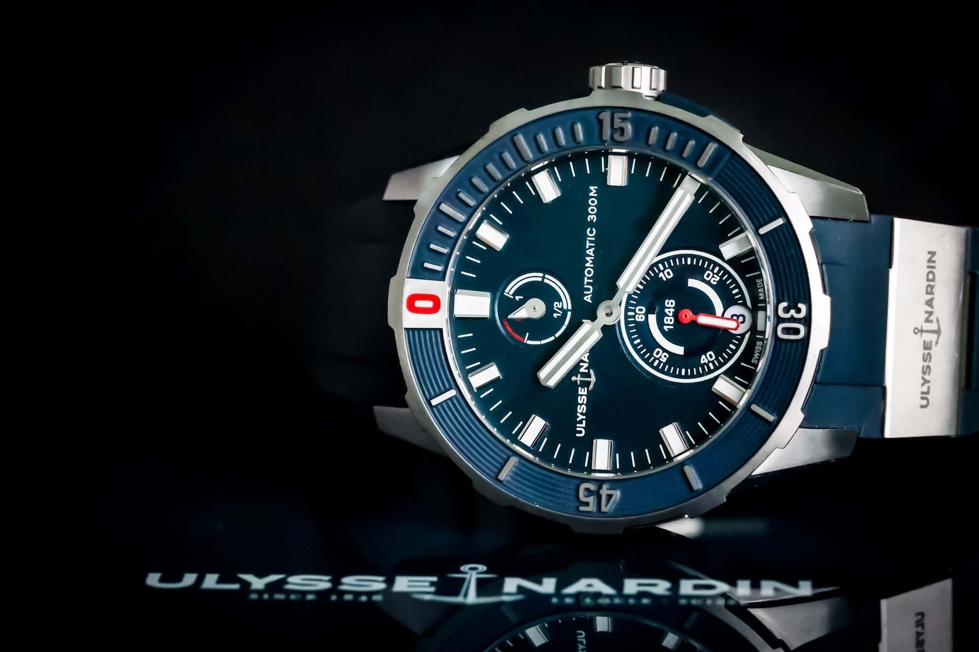 Ulysse Nardin Blue Diver Watch - 1183-170-3/93 showcasing a blue dial and stainless steel case, automatic movement.