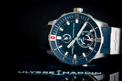 Ulysse Nardin Blue Diver Watch - 1183-170-3/93 showcasing a blue dial and stainless steel case, automatic movement.