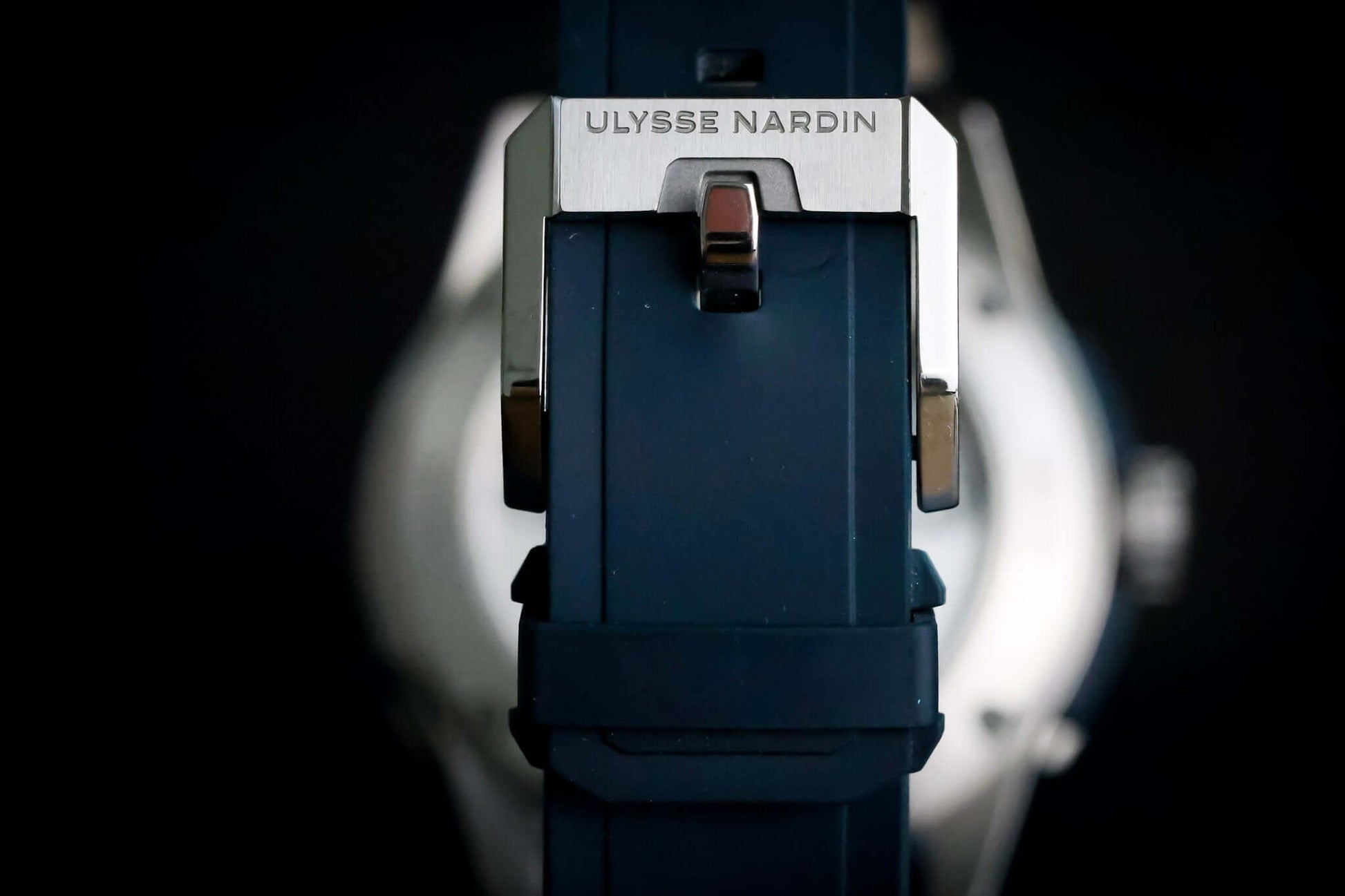 Ulysse Nardin Blue Diver Watch - 1183-170-3/93 showing the blue strap and clasp detail.