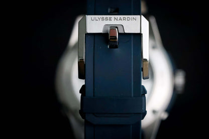 Ulysse Nardin Blue Diver Watch - 1183-170-3/93 showing the blue strap and clasp detail.