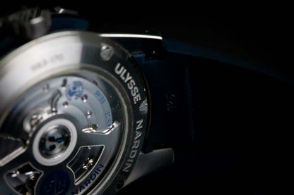 Ulysse Nardin Blue Diver Watch - 1183-170-3/93 close-up of the back case with engraved logo