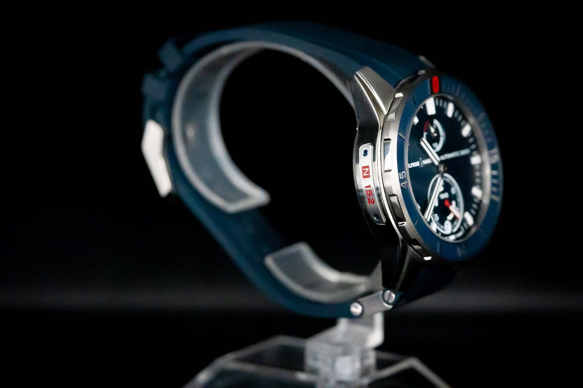 Ulysse Nardin Blue Diver Watch - 1183-170-3/93 displayed in an elegant angle showcasing its blue dial and stainless steel case.