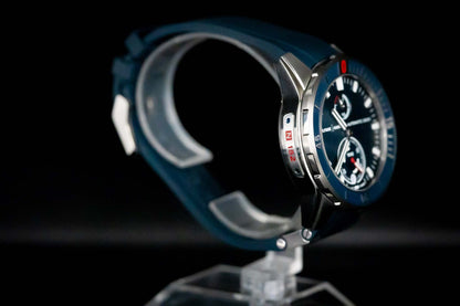 Ulysse Nardin Blue Diver Watch - 1183-170-3/93 displayed in an elegant angle showcasing its blue dial and stainless steel case.