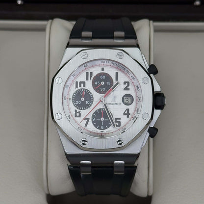 Audemars Piguet Royal Oak Offshore men's watch with white dial and black rubber strap, model 26170ST.OO.D101CR.02.