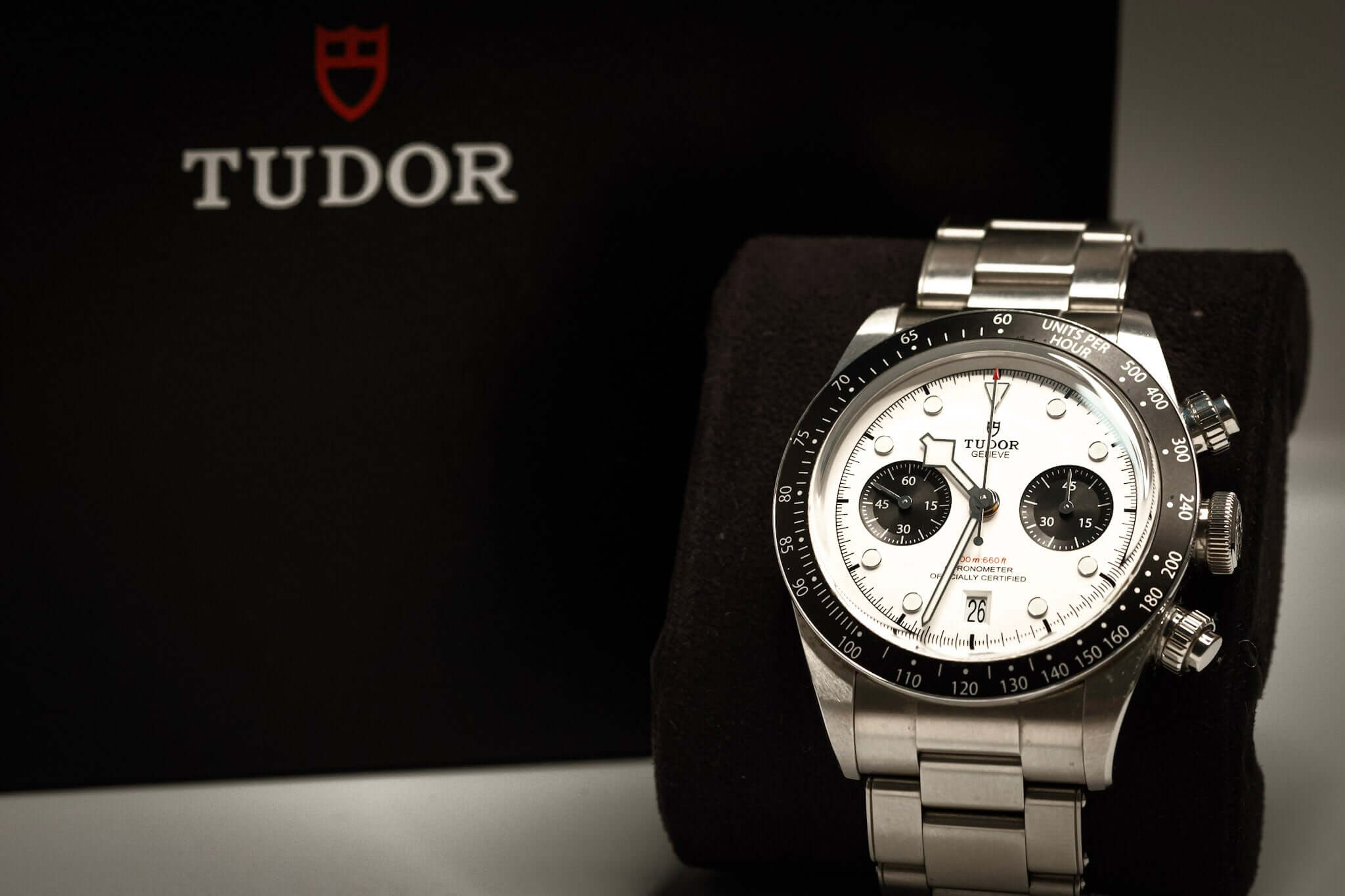 Tudor Black Bay Chronograph Panda displayed on a plush stand next to its distinctive black box.