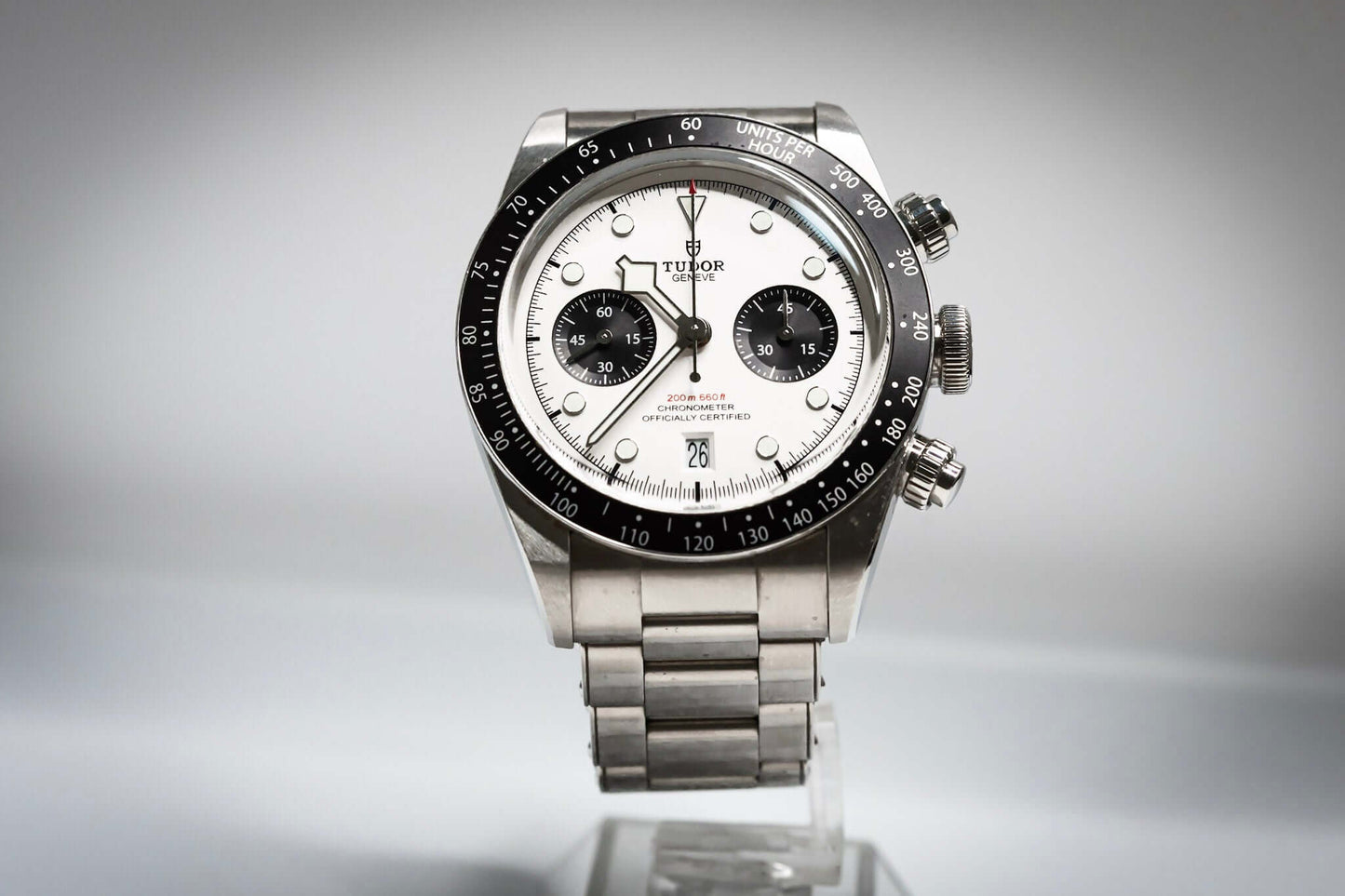 Tudor Black Bay Chronograph Panda – Ref. 79360N with white opaline dial and black sub-registers on stainless steel strap.