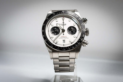 Tudor Black Bay Chronograph Panda – Ref. 79360N with white opaline dial and black sub-registers on stainless steel strap.