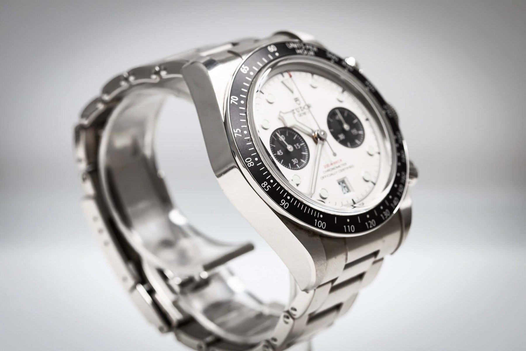 2023 Tudor Black Bay Chronograph Panda showcasing a stainless steel design with a white opaline dial and black sub-registers.