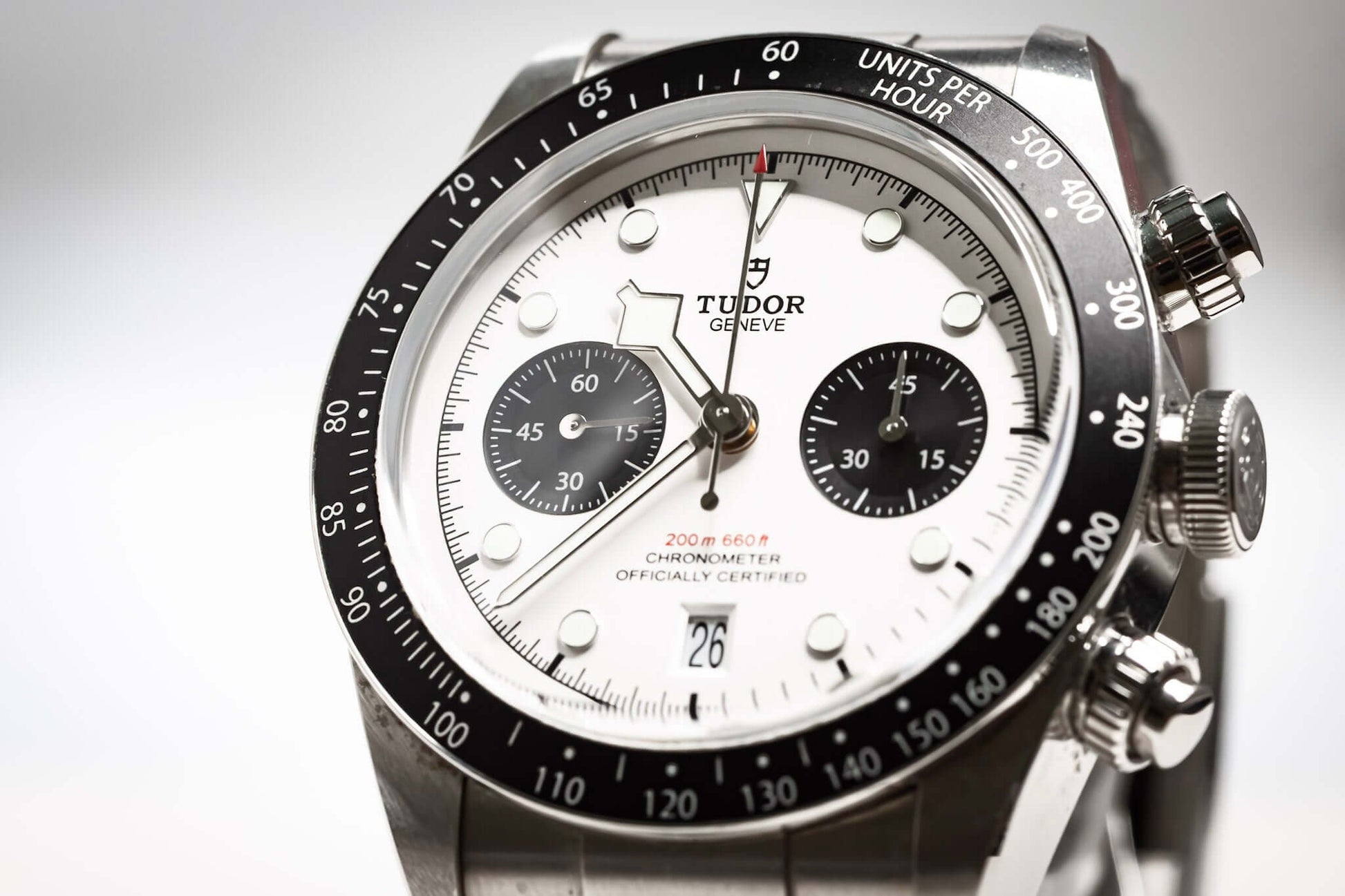 Tudor Black Bay Chronograph Panda close-up showing white opaline dial and black sub-registers.